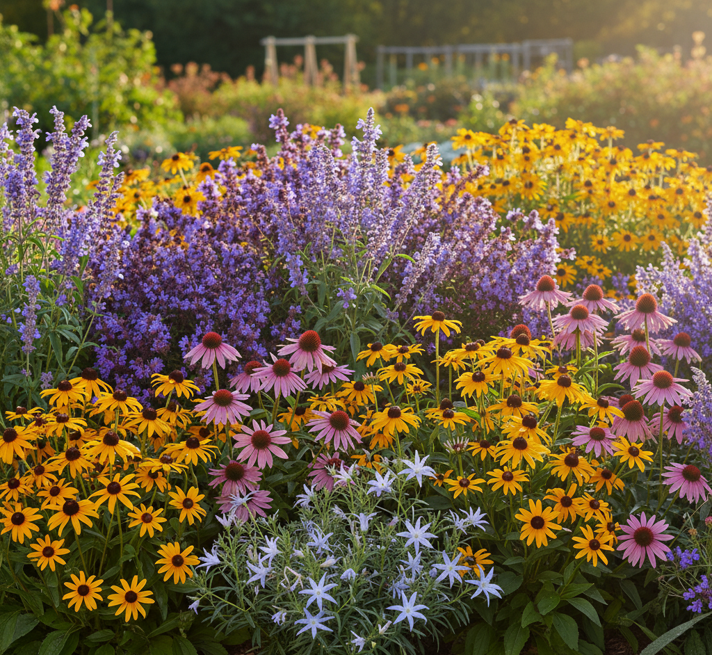 Colorful flower garden with a variety of flowers including purple, yellow, and white.