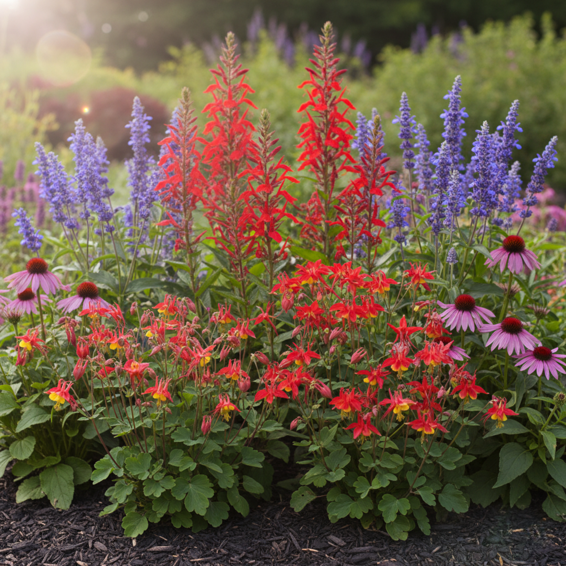 Colorful flower garden with red, purple, and pink flowers in a natural setting.