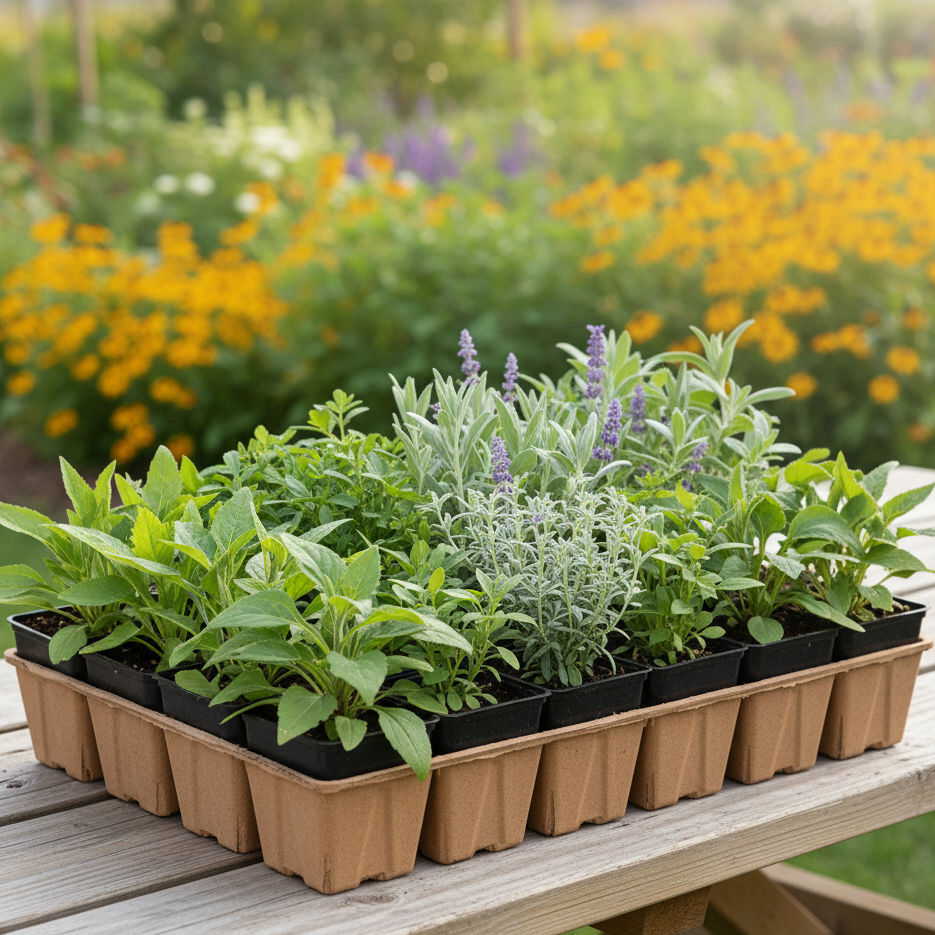 Plants in small pots on a wooden table with a garden background