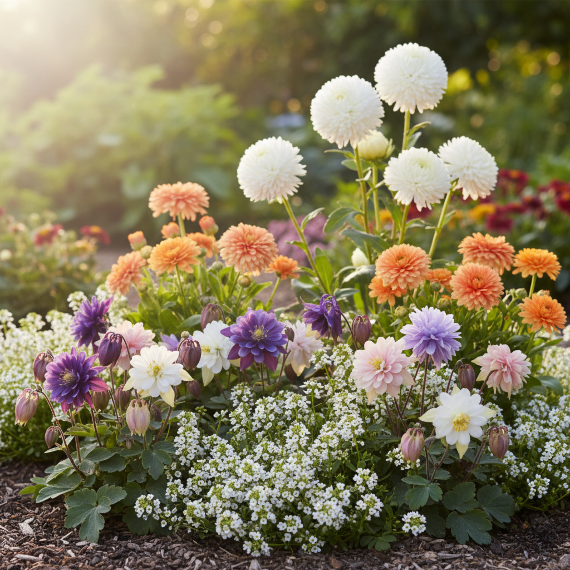 Colorful flower garden with white, orange, purple, and pink flowers in a natural setting.
